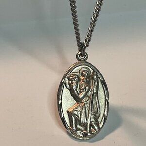 Silver Tone Oval St. Christopher w/Child Medal Pendant on a 24" Chain Necklace